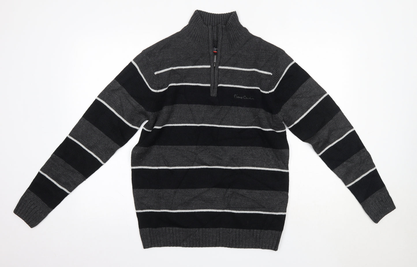 Pieree cardin Mens Grey High Neck Striped Acrylic Pullover Jumper Size S