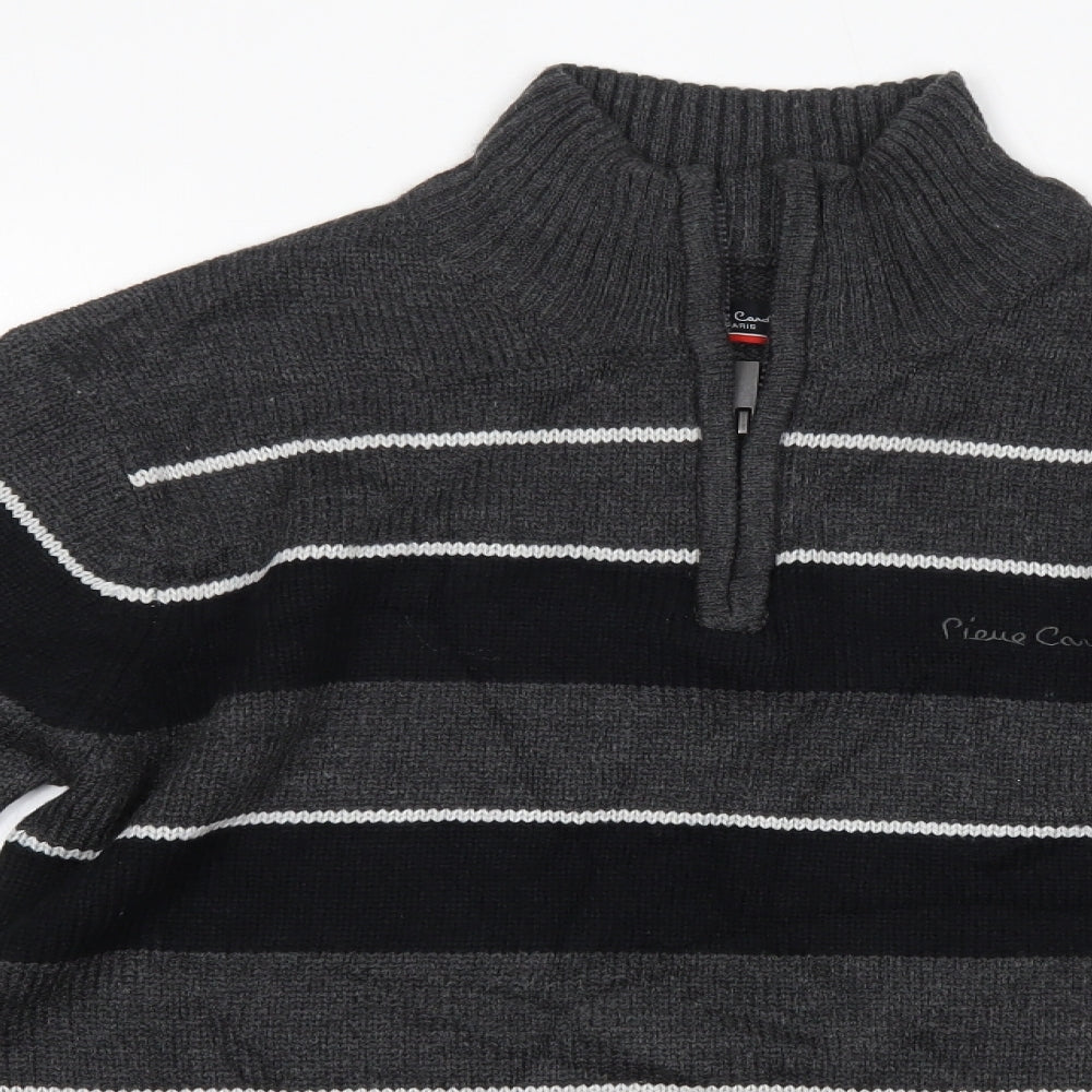 Pieree cardin Mens Grey High Neck Striped Acrylic Pullover Jumper Size S