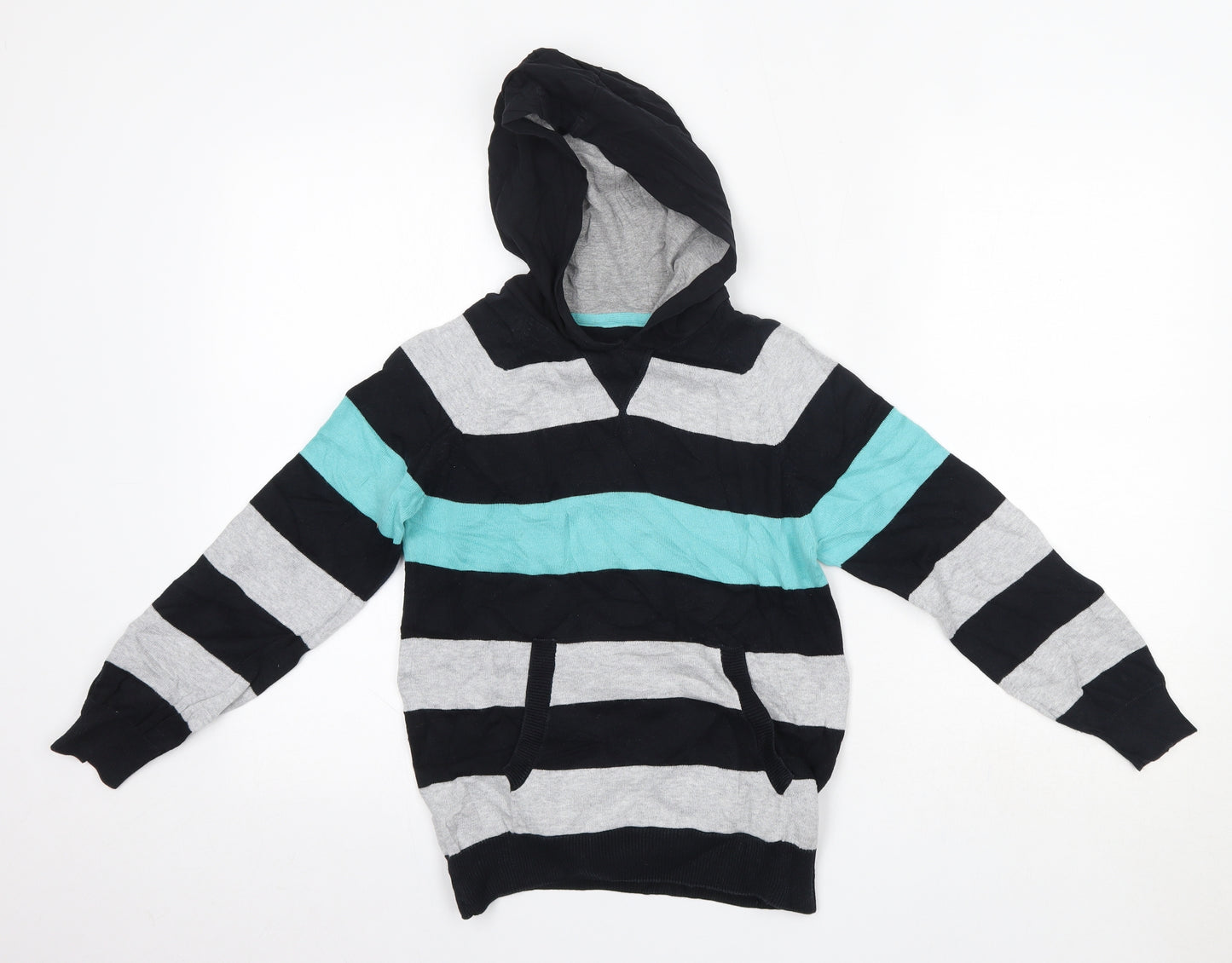 M&S Boys Grey Striped Cotton Pullover Hoodie Size 9-10 Years
