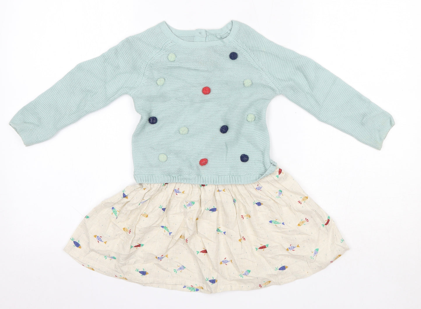 M&S Girls Blue  100% Cotton A-Line  Size 2-3 Years  Round Neck  - Fish