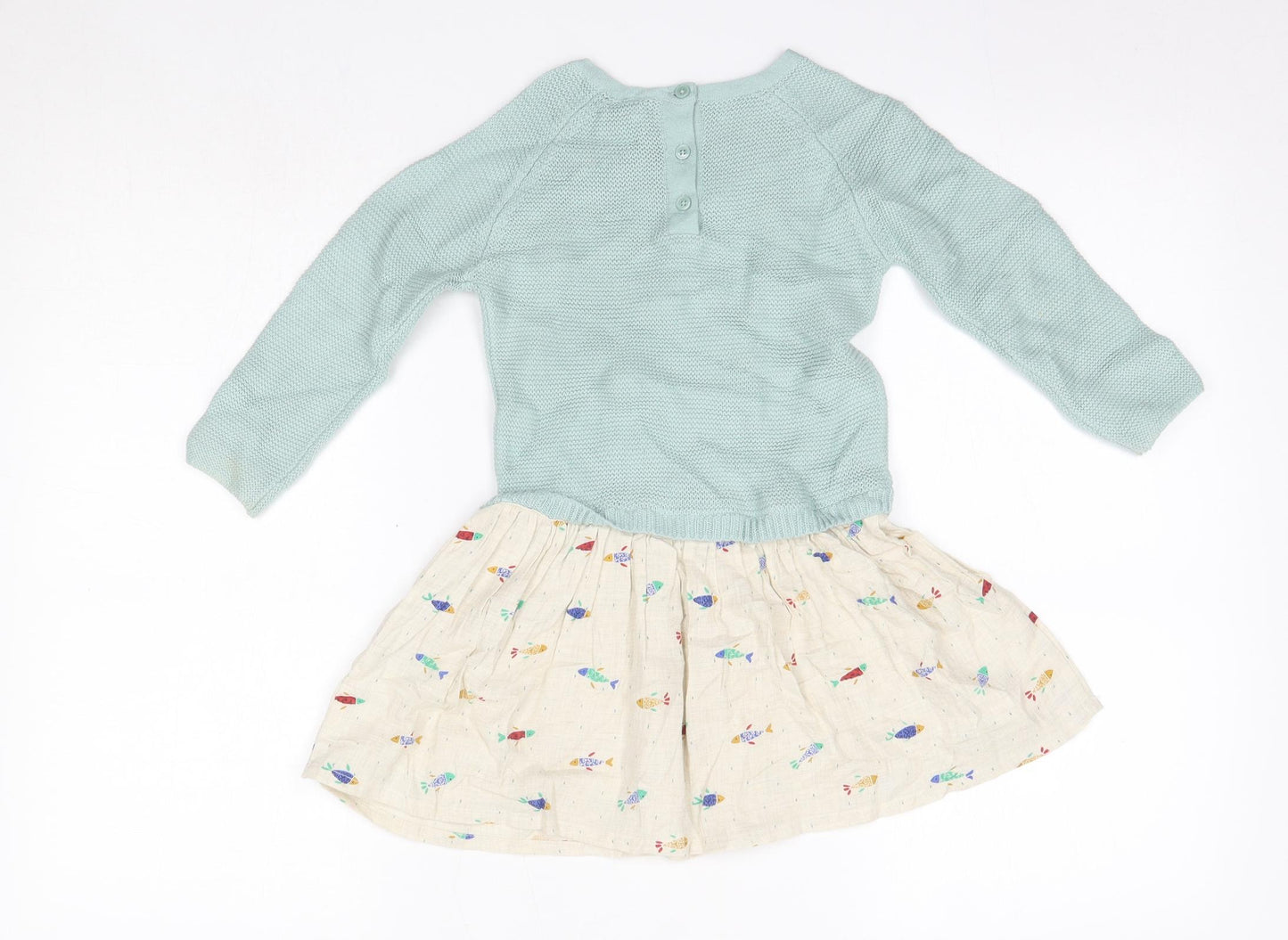 M&S Girls Blue  100% Cotton A-Line  Size 2-3 Years  Round Neck  - Fish