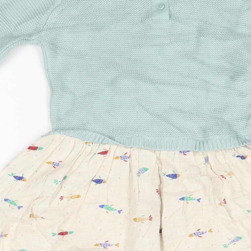 M&S Girls Blue  100% Cotton A-Line  Size 2-3 Years  Round Neck  - Fish