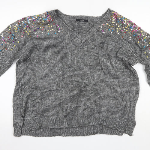 George Womens Grey V-Neck  Polyester Pullover Jumper Size M