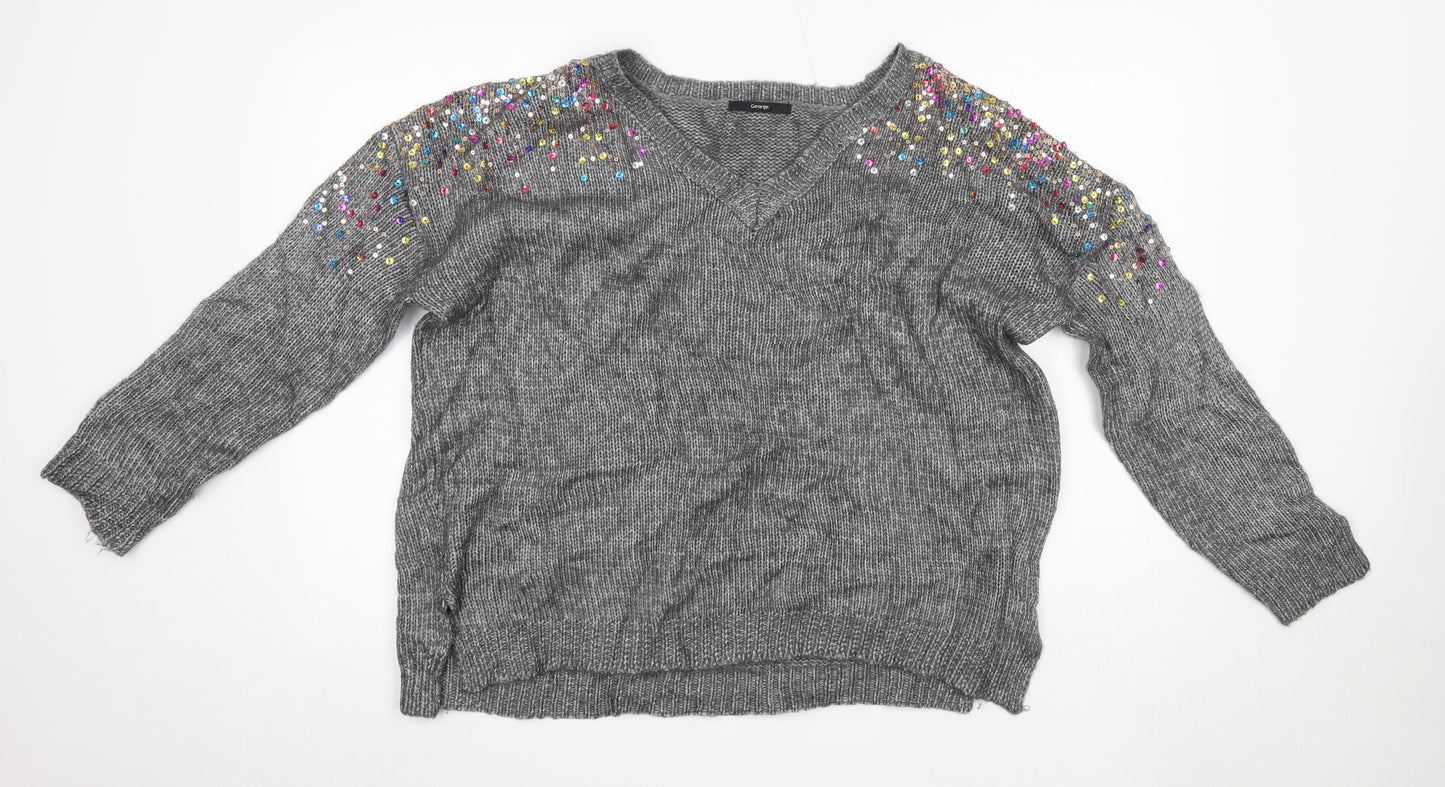 George Womens Grey V-Neck  Polyester Pullover Jumper Size M