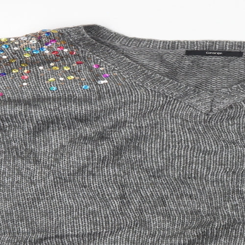 George Womens Grey V-Neck  Polyester Pullover Jumper Size M