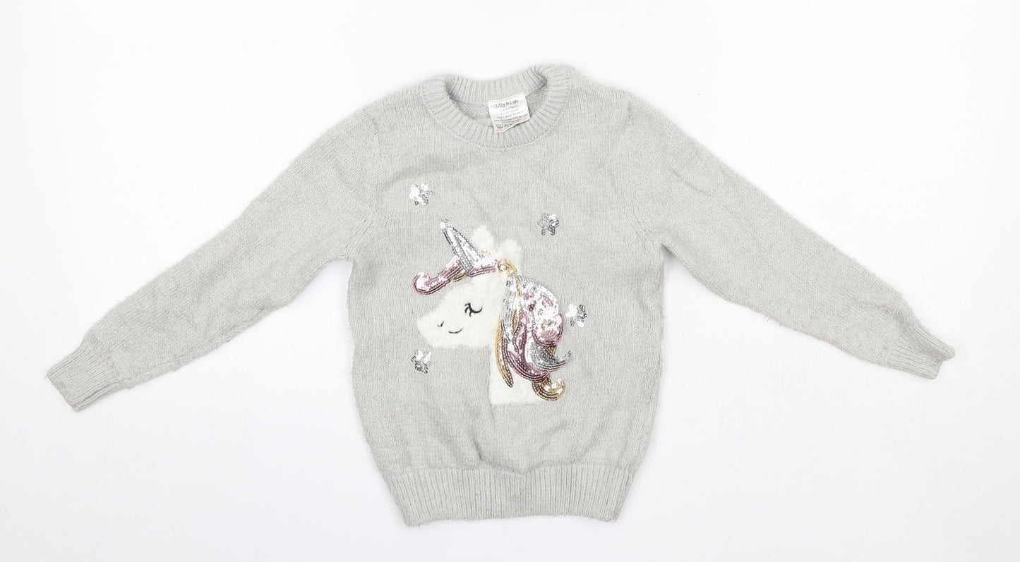 Lily & Dan Girls Grey Round Neck  Polyester Pullover Jumper Size 5-6 Years   - Unicorn