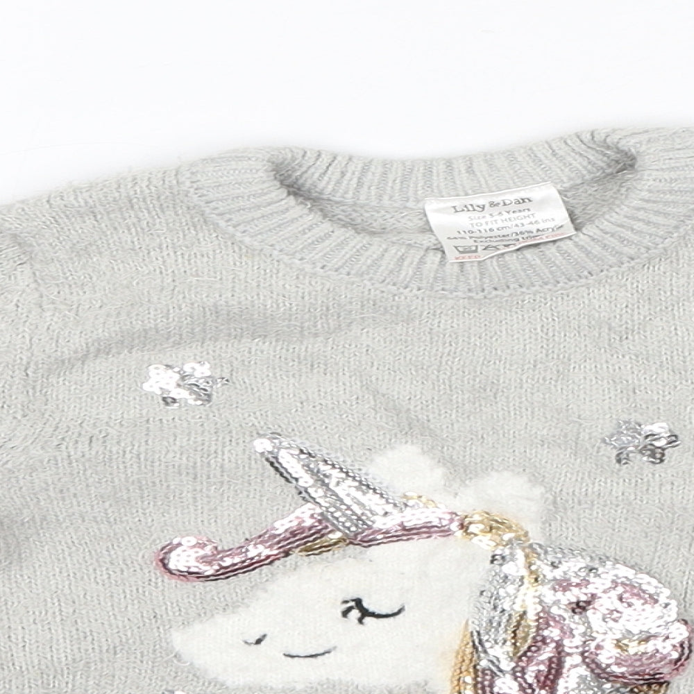 Lily & Dan Girls Grey Round Neck  Polyester Pullover Jumper Size 5-6 Years   - Unicorn