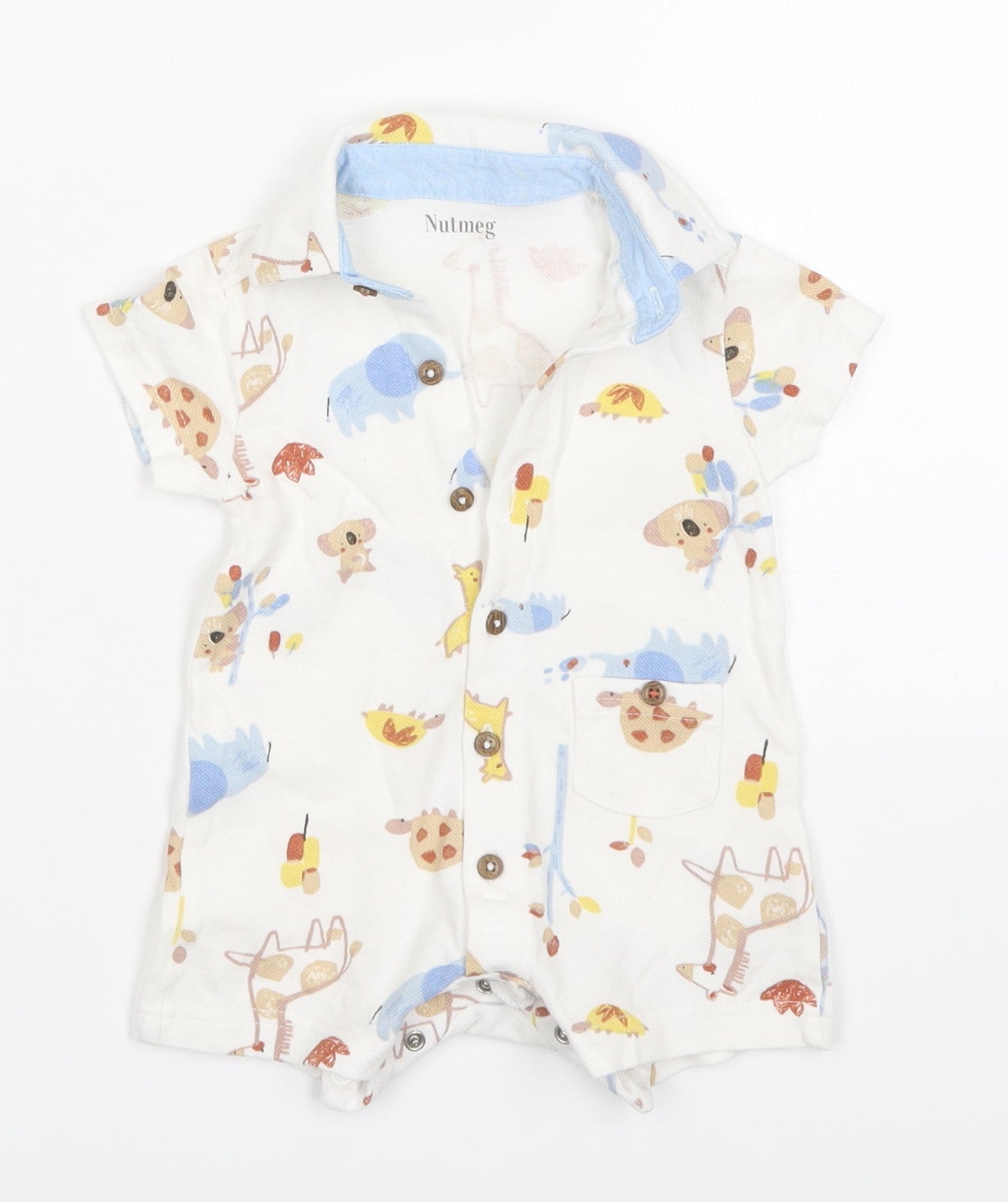 Nutmeg Baby White  Cotton Romper One-Piece Size 0-3 Months  Button - Animals