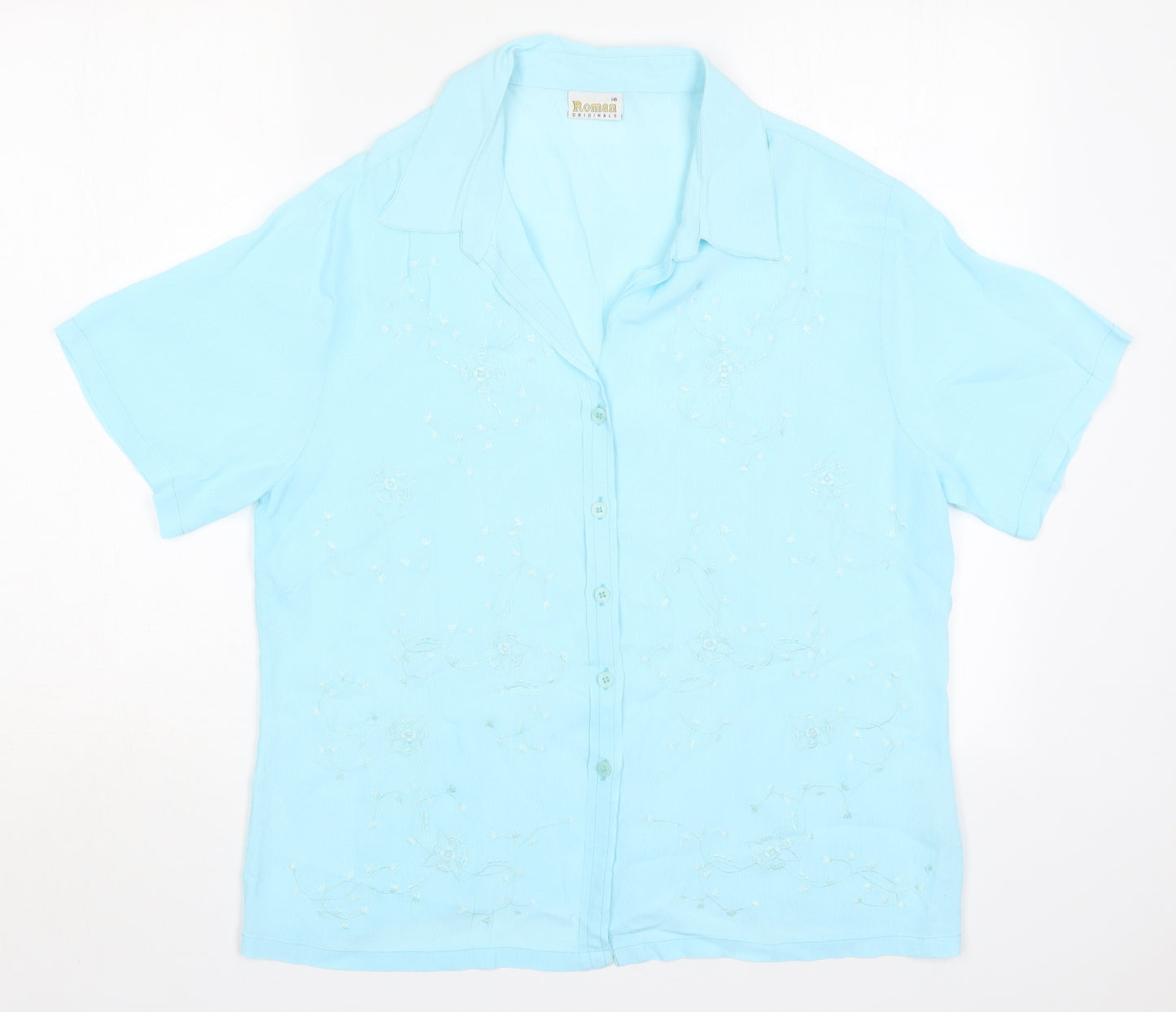 Roman Womens Blue Floral Viscose Basic Button-Up Size 16 Collared