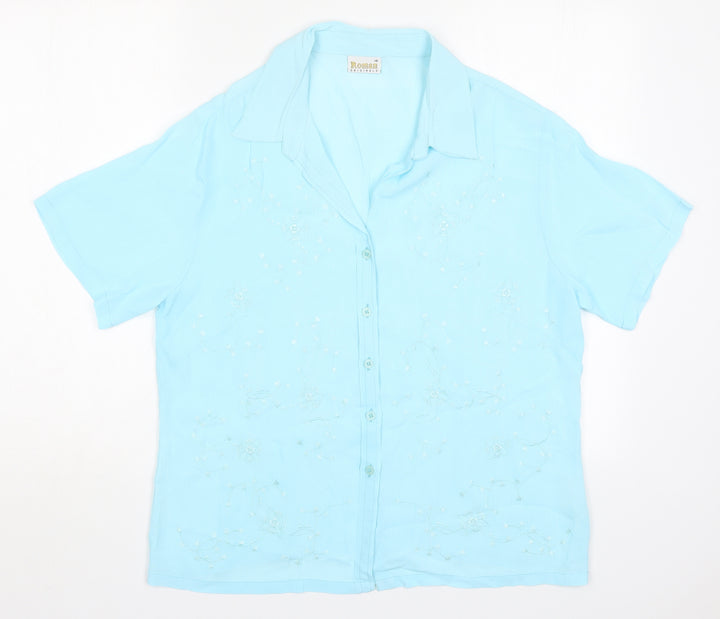 Roman Womens Blue Floral Viscose Basic Button-Up Size 16 Collared
