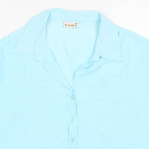 Roman Womens Blue Floral Viscose Basic Button-Up Size 16 Collared