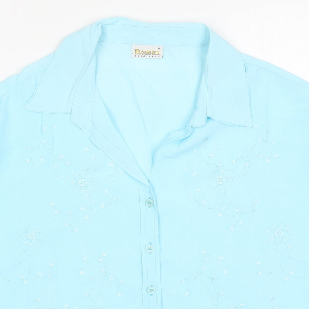 Roman Womens Blue Floral Viscose Basic Button-Up Size 16 Collared