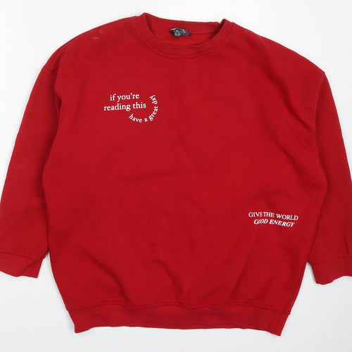 Primark Womens Red  Cotton Pullover Sweatshirt Size 12  Pullover - If You're Reading This Have a Great Day Give the World Good Energy