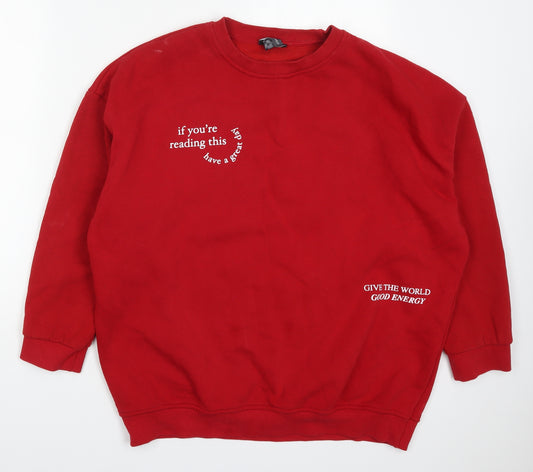 Front view of Primark women’s red cotton pullover sweatshirt, pullover - if you're reading this have a great day give the