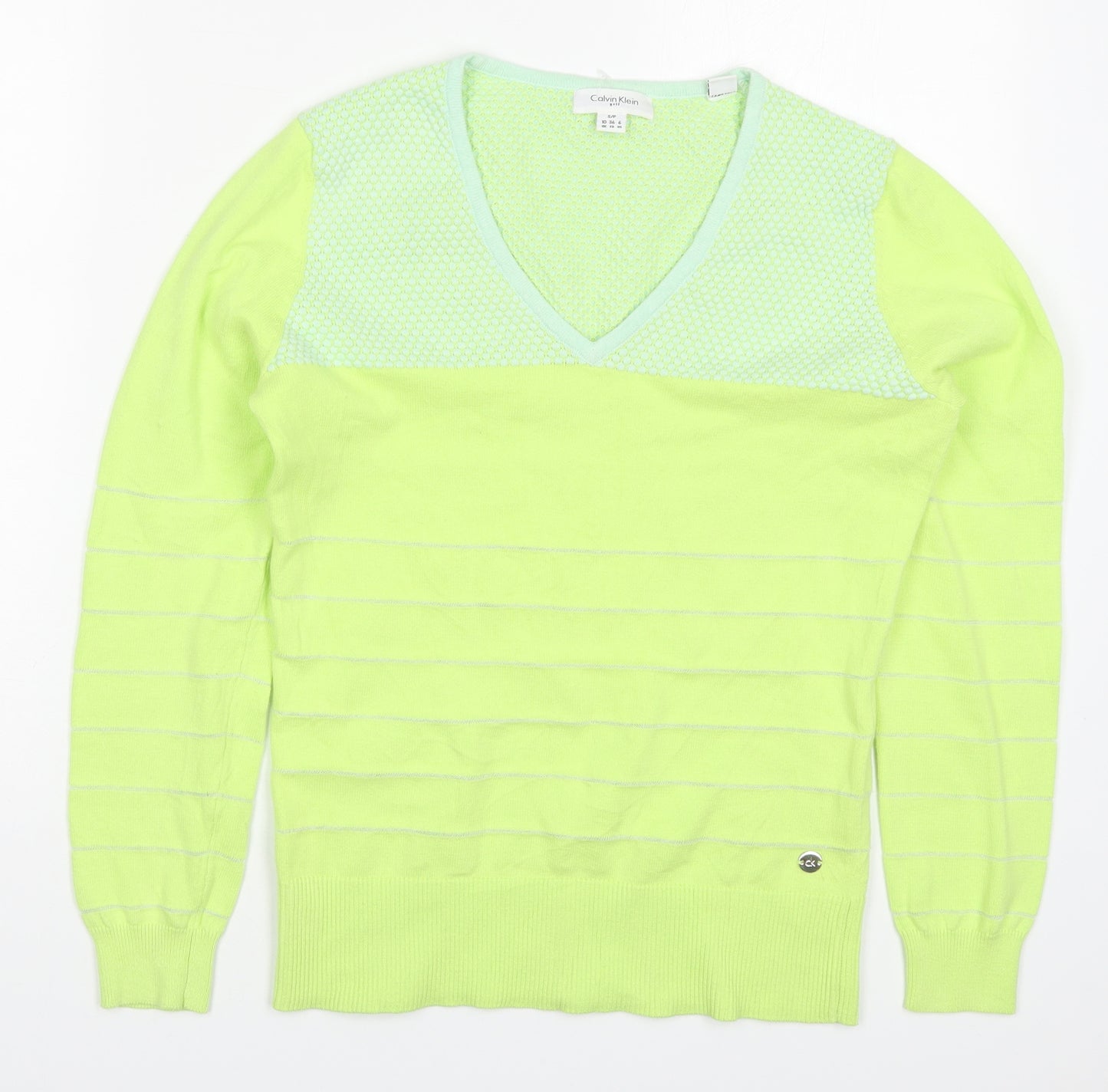 Calvin Klein Womens Green V-Neck Striped Cotton Pullover Jumper Size 10