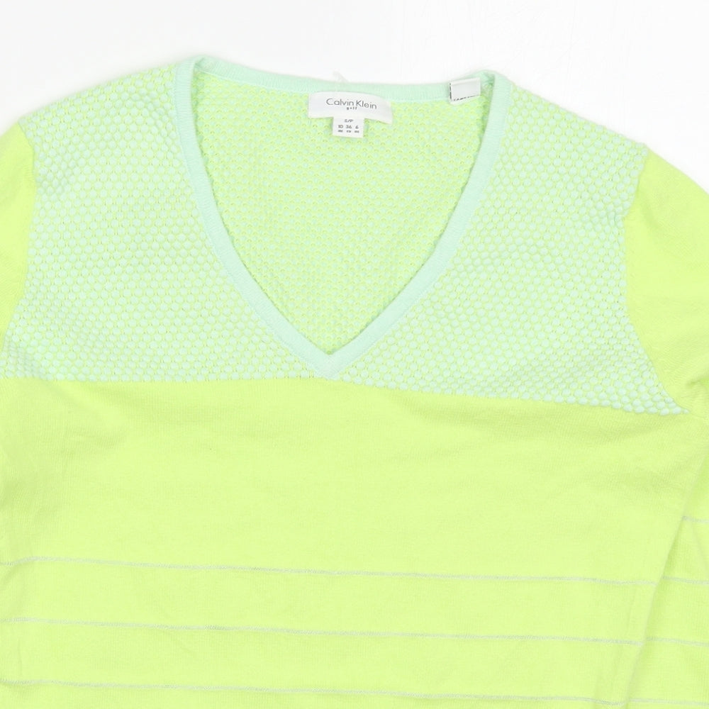 Calvin Klein Womens Green V-Neck Striped Cotton Pullover Jumper Size 10