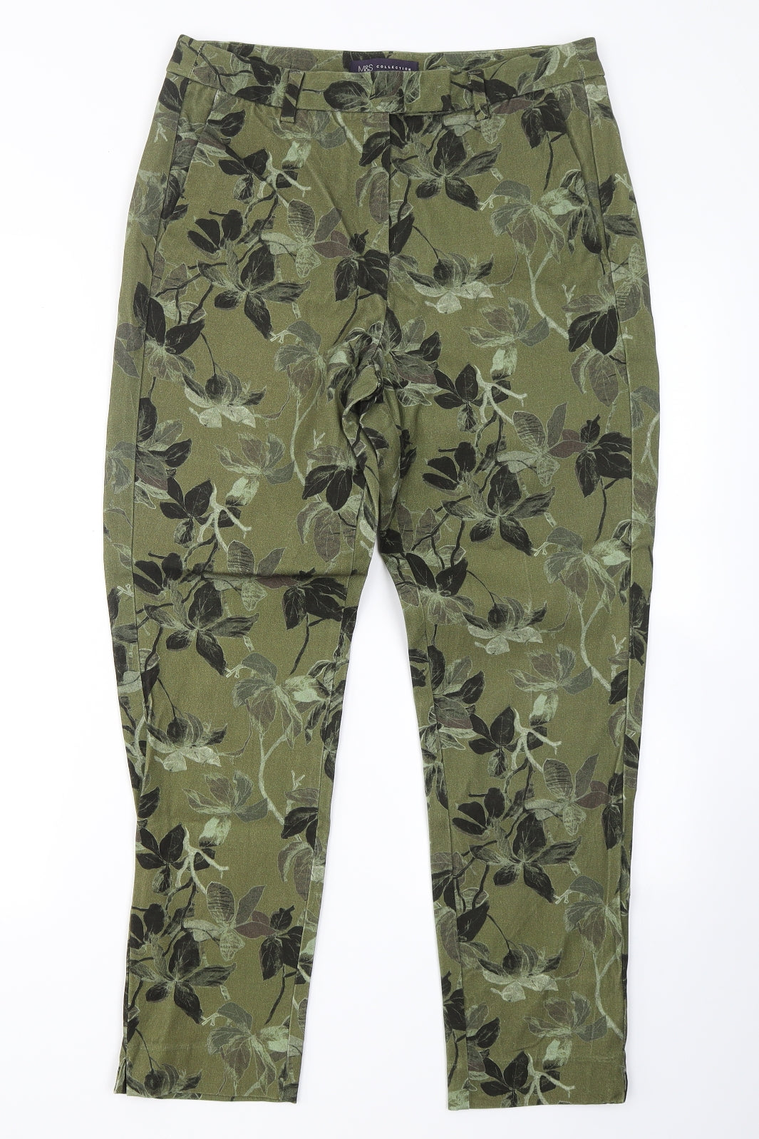 M&S Collection Womens Green Floral Viscose Dress Pants Trousers Size 12 L26 in Regular Hook & Eye
