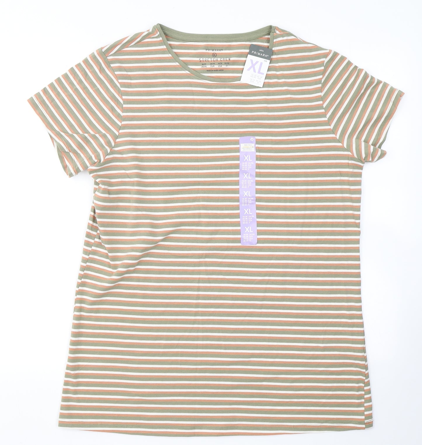 Primark Womens Green Striped Cotton Basic T-Shirt Size XL Crew Neck