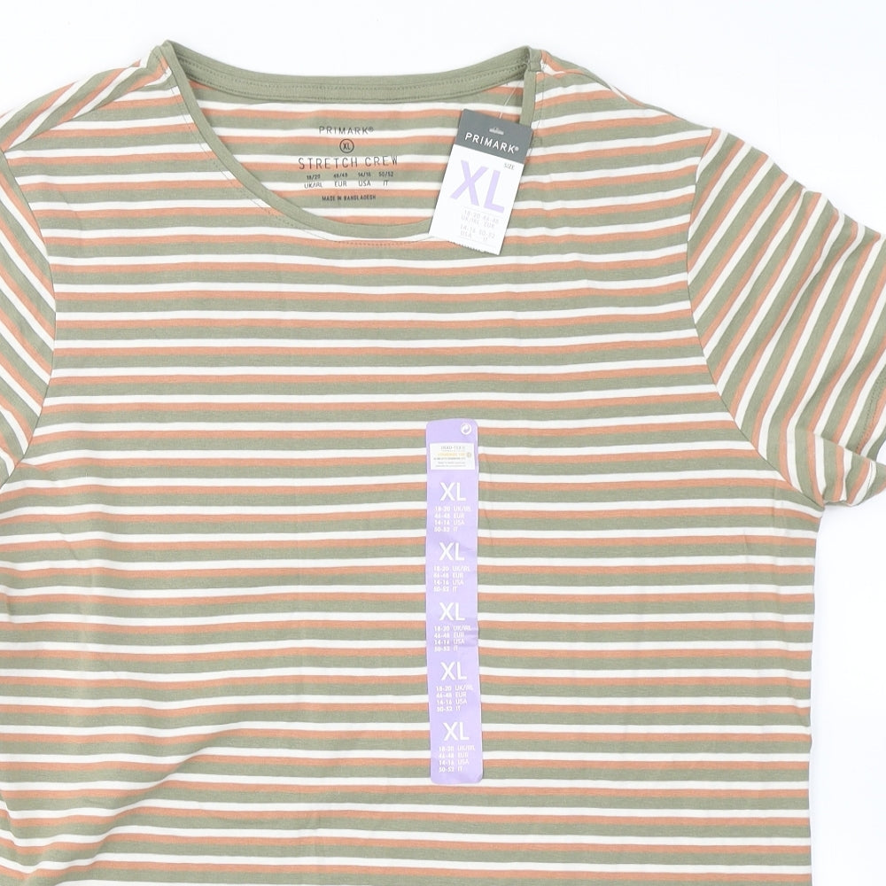Primark Womens Green Striped Cotton Basic T-Shirt Size XL Crew Neck