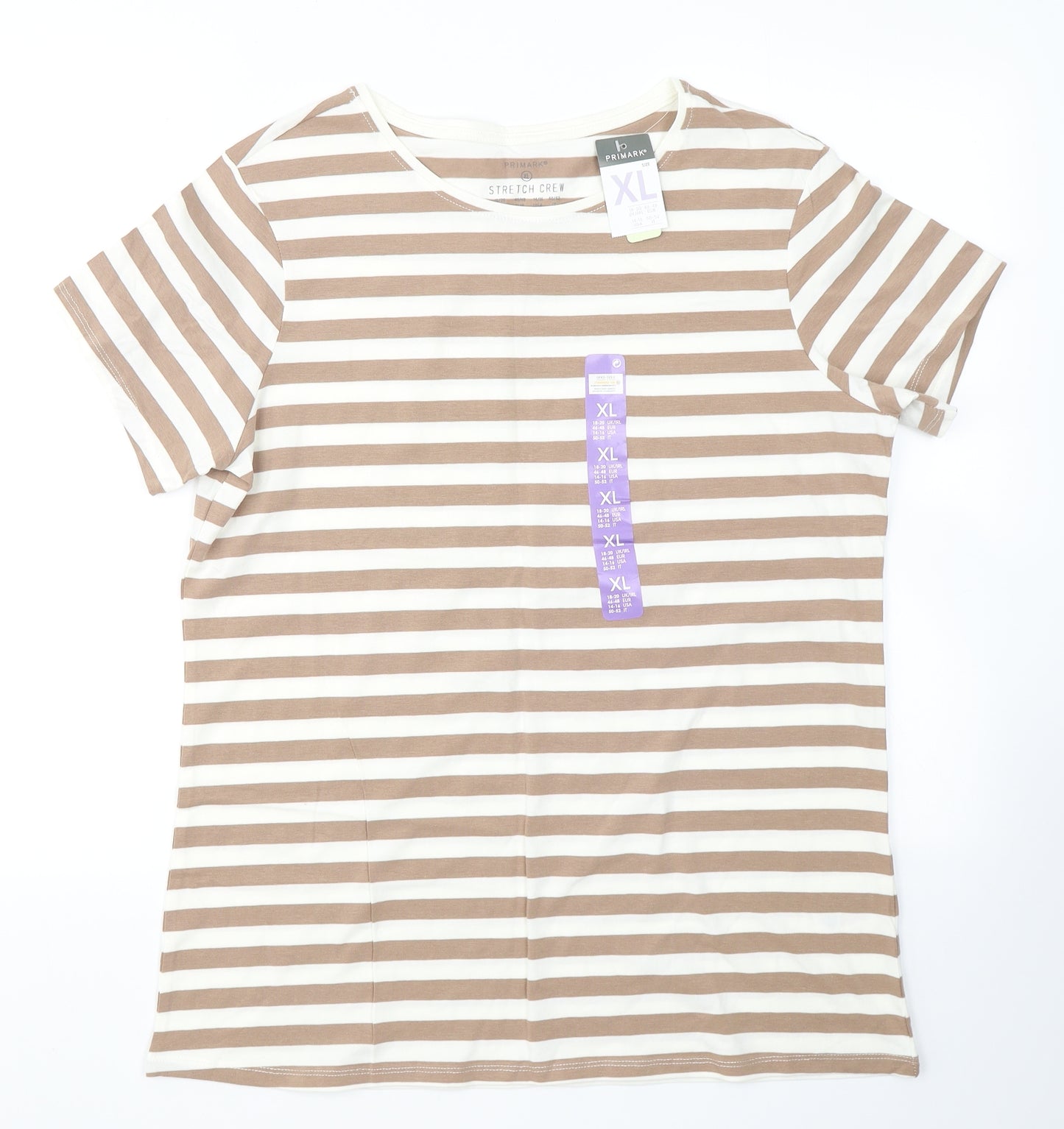 Primark Womens Brown Striped Cotton Basic T-Shirt Size XL Crew Neck