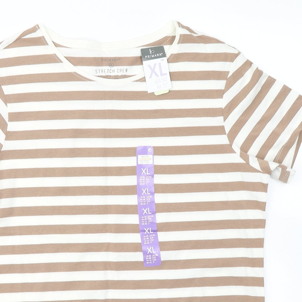 Primark Womens Brown Striped Cotton Basic T-Shirt Size XL Crew Neck