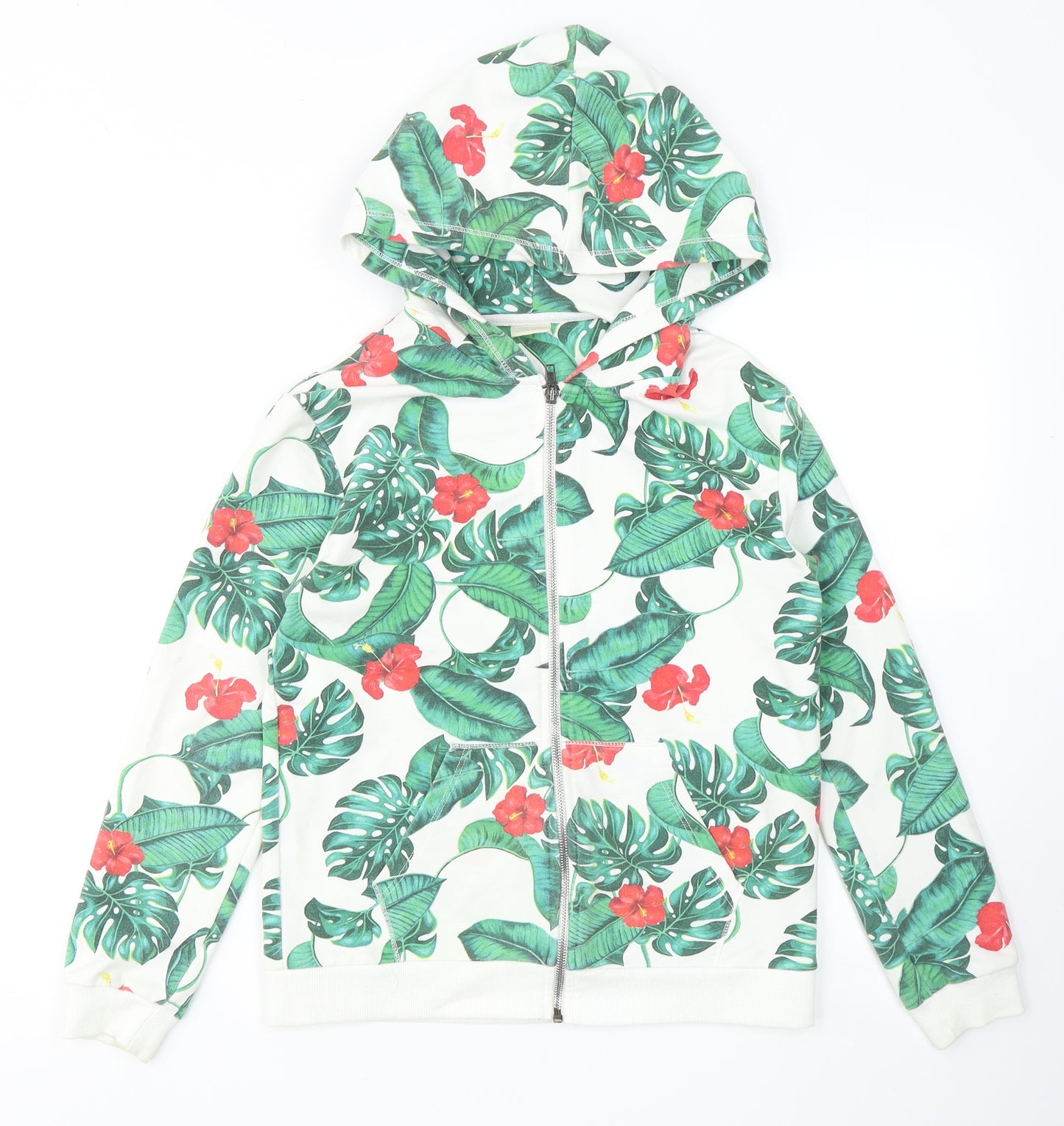 Zara Girls White Floral Cotton Full Zip Hoodie Size 11-12 Years  Zip