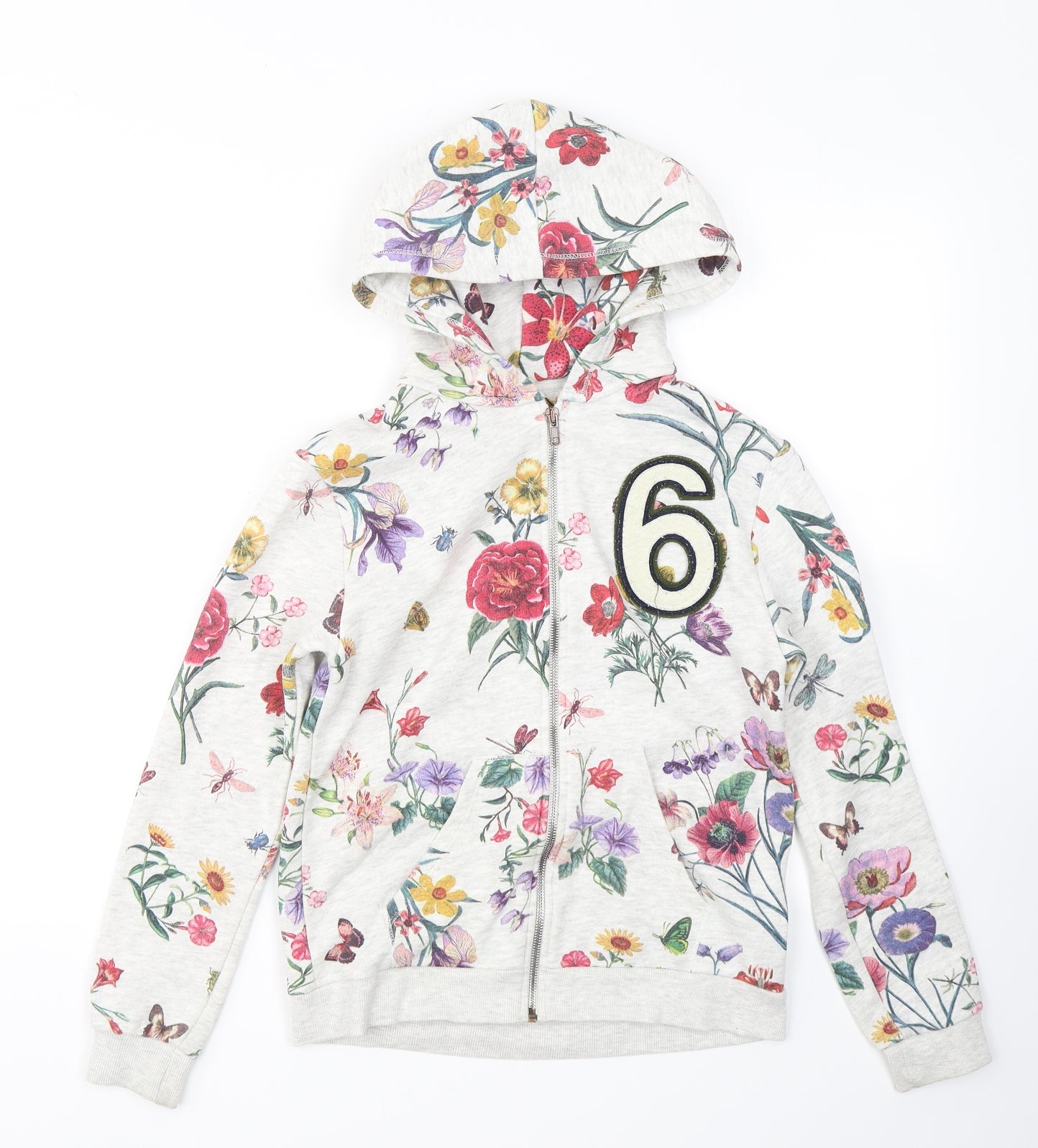 Zara Girls Grey Floral Cotton Full Zip Hoodie Size 11-12 Years  Zip