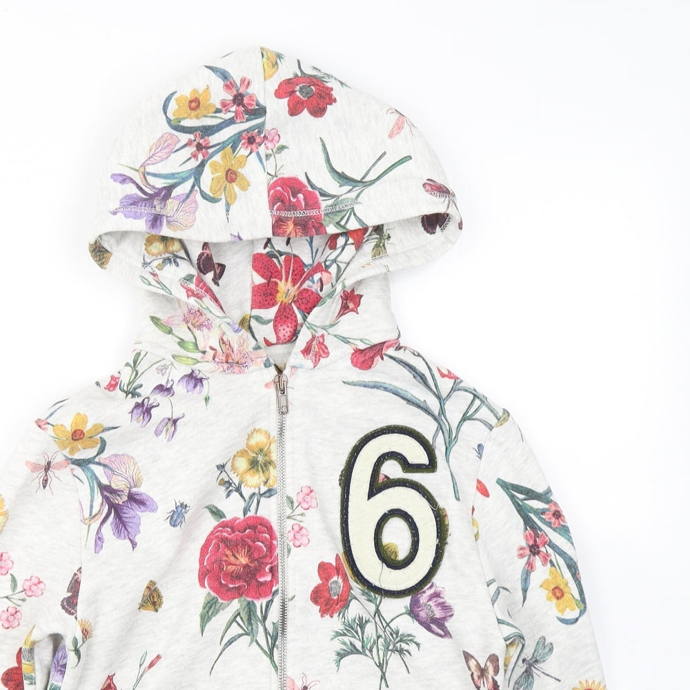 Zara Girls Grey Floral Cotton Full Zip Hoodie Size 11-12 Years  Zip