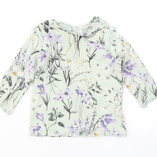 NEXT Girls Blue Floral Cotton Basic T-Shirt Size 3-6 Months Crew Neck Snap - Lettuce Edging