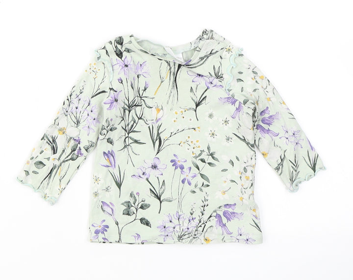NEXT Girls Blue Floral Cotton Basic T-Shirt Size 3-6 Months Crew Neck Snap - Lettuce Edging