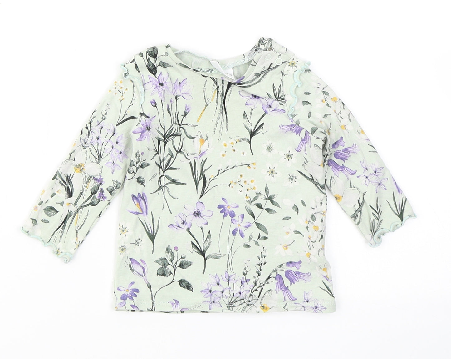 NEXT Girls Blue Floral Cotton Basic T-Shirt Size 3-6 Months Crew Neck Snap - Lettuce Edging