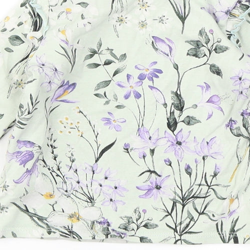 NEXT Girls Blue Floral Cotton Basic T-Shirt Size 3-6 Months Crew Neck Snap - Lettuce Edging