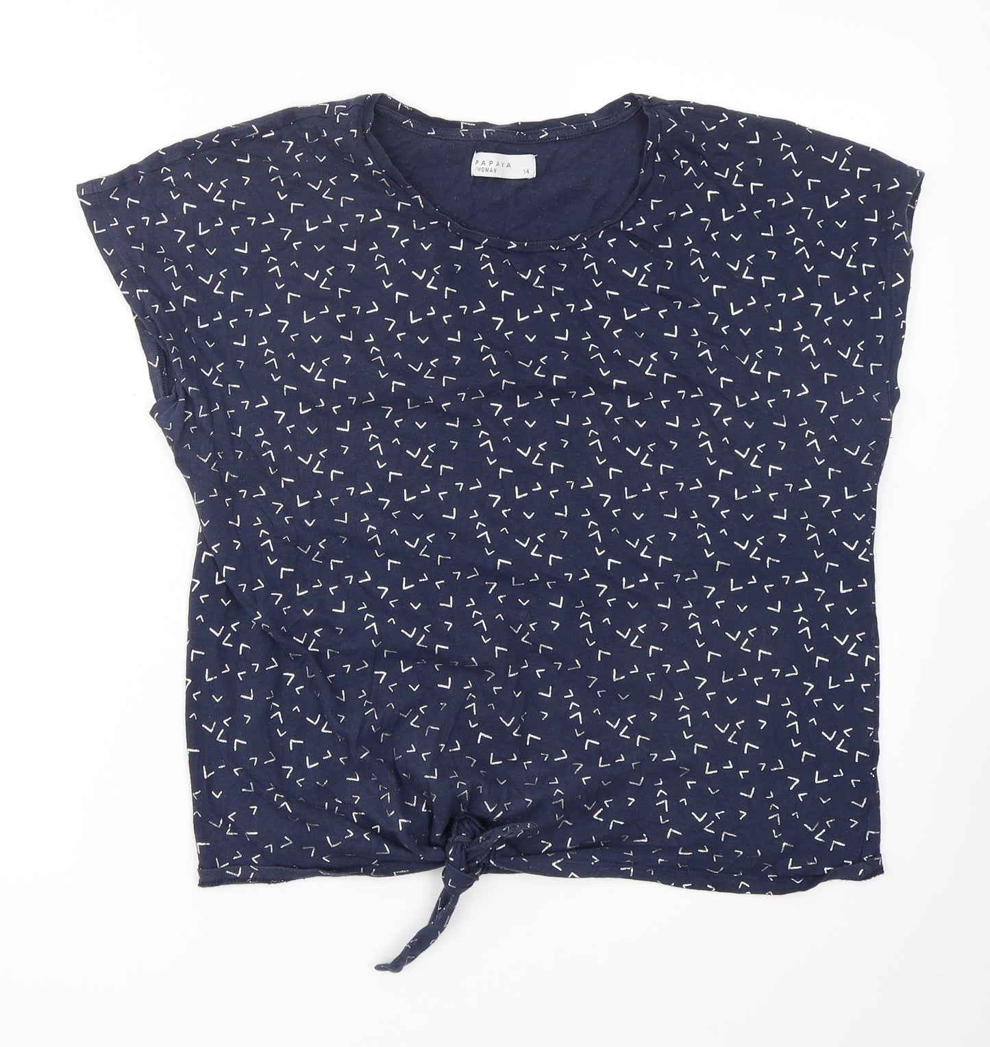Papaya Womens Blue Geometric Cotton Basic T-Shirt Size 14 Crew Neck - Tie Front
