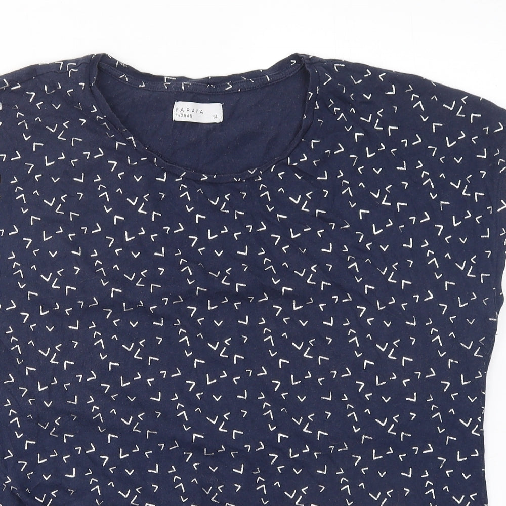 Papaya Womens Blue Geometric Cotton Basic T-Shirt Size 14 Crew Neck - Tie Front