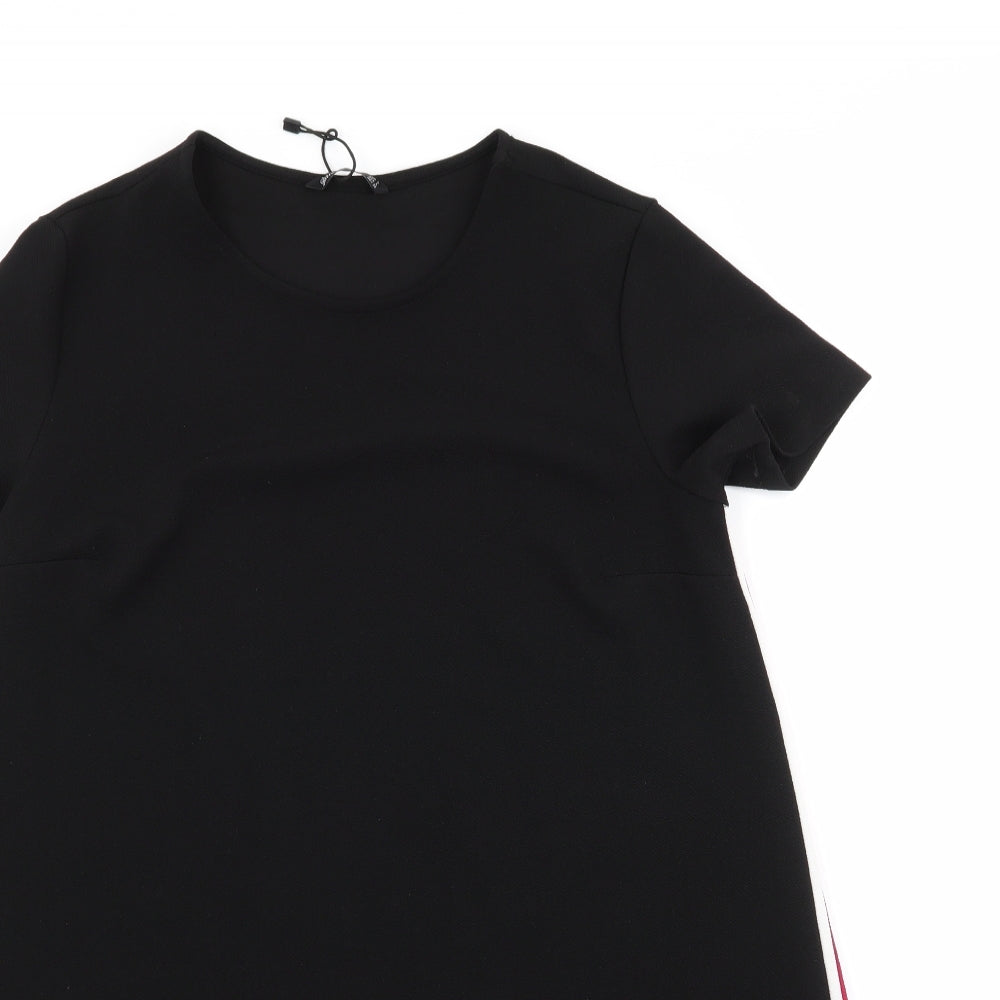 Stradivarius Womens Black Striped Polyester Fit & Flare  Size L  Round Neck