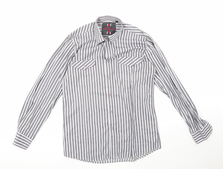 smart look Mens Multicoloured Striped Polyester Button-Up Size 39 Crew Neck