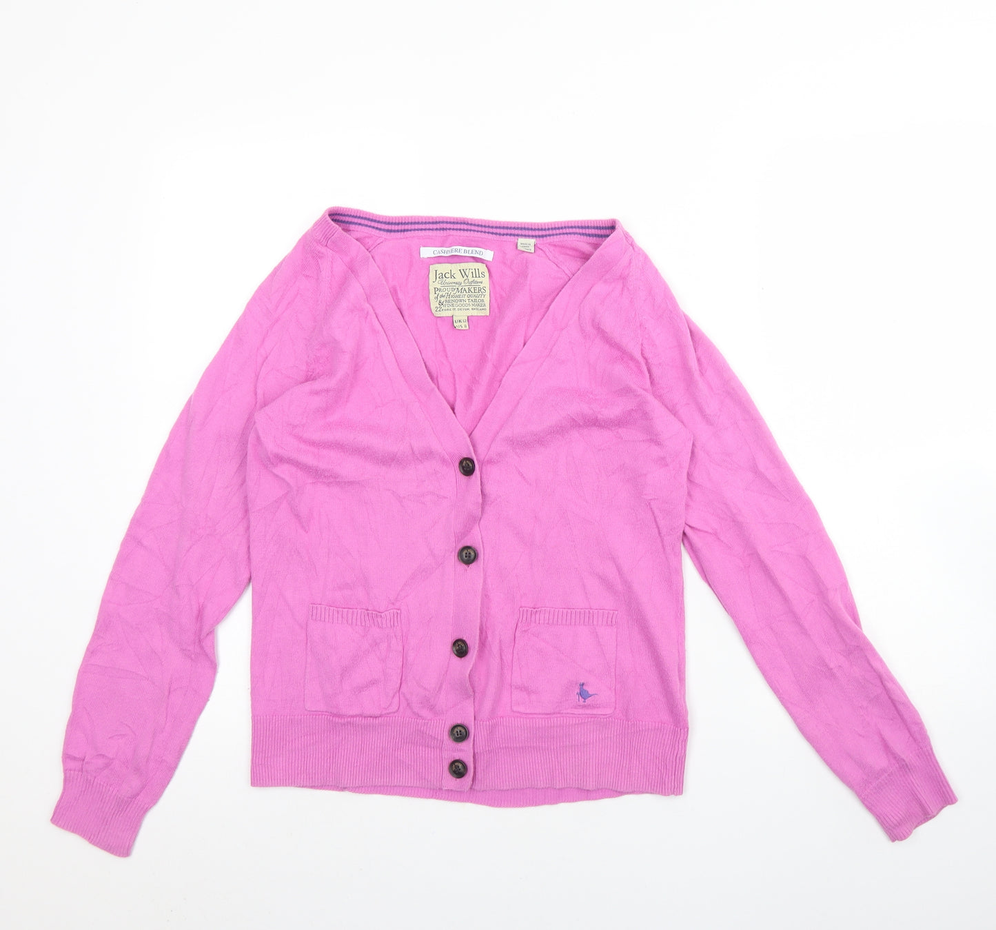 Jack Wills Womens Pink V-Neck  Cotton Cardigan Jumper Size 12