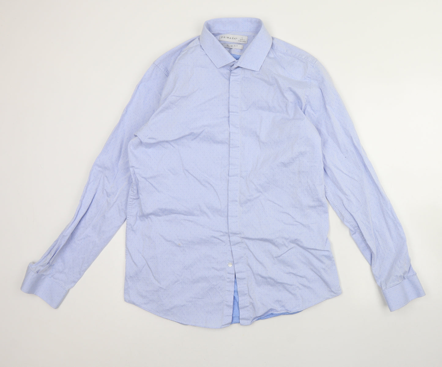 Primark Mens Blue Polka Dot Cotton  Dress Shirt Size L Collared Button