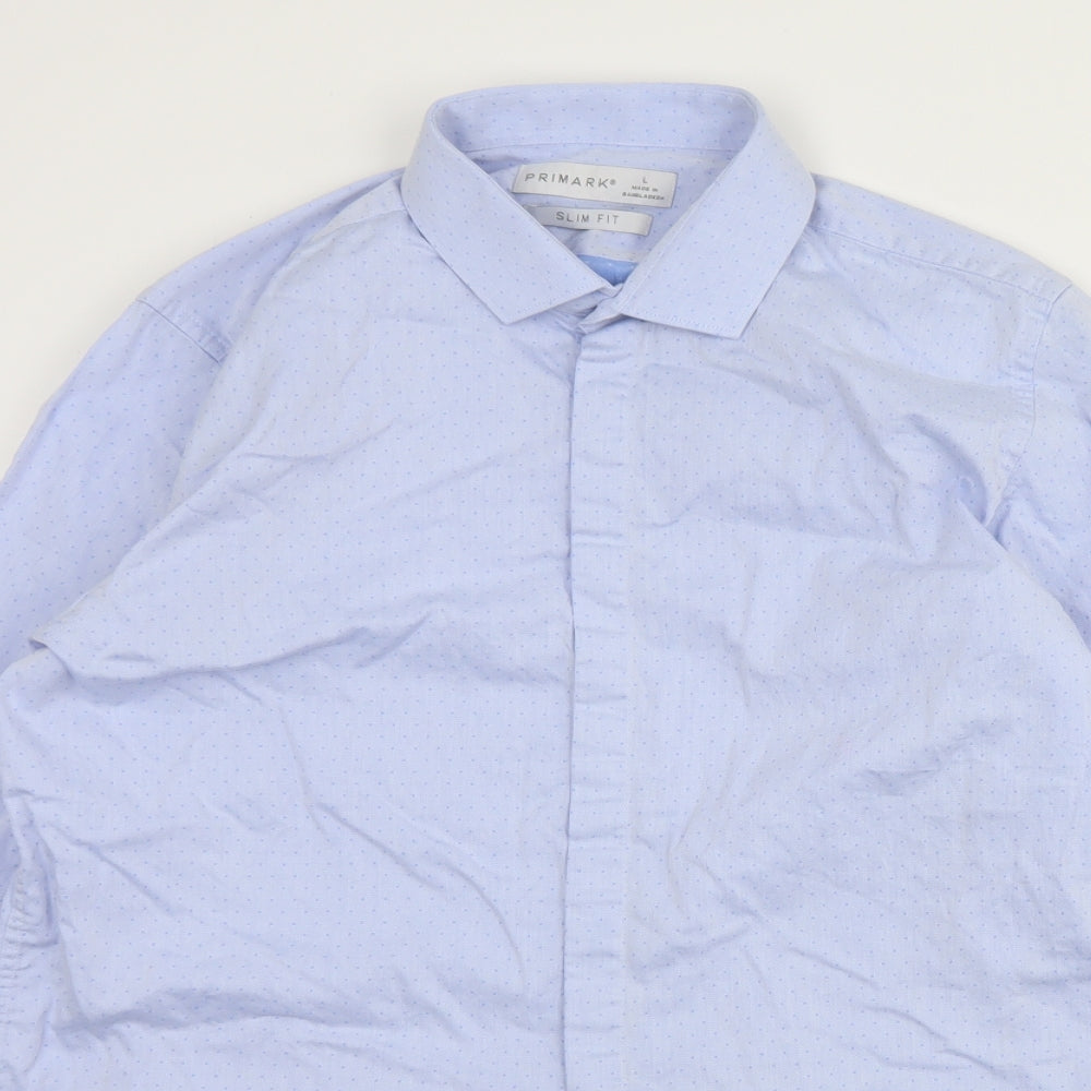 Primark Mens Blue Polka Dot Cotton  Dress Shirt Size L Collared Button
