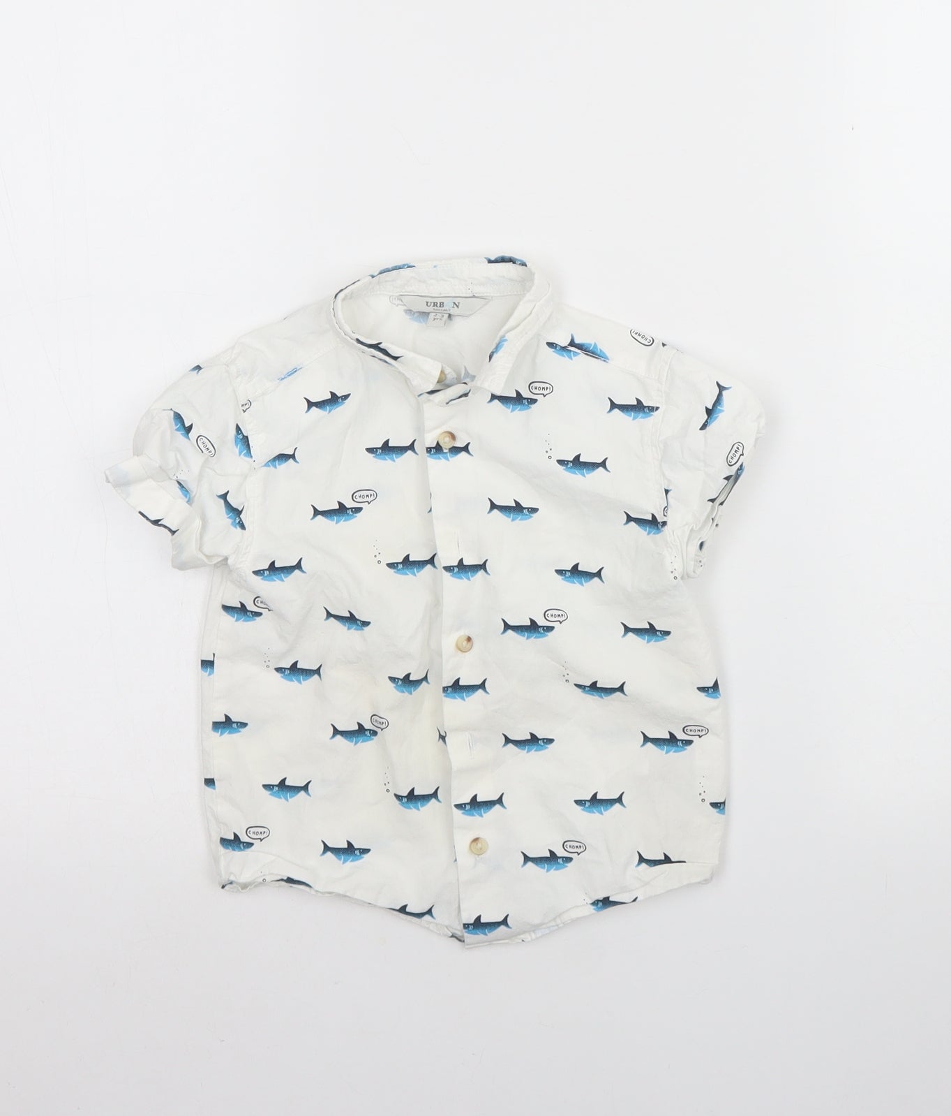 Urban rascals Boys White Animal Print Cotton Basic Button-Up Size 2 Years Collared Button - Shark