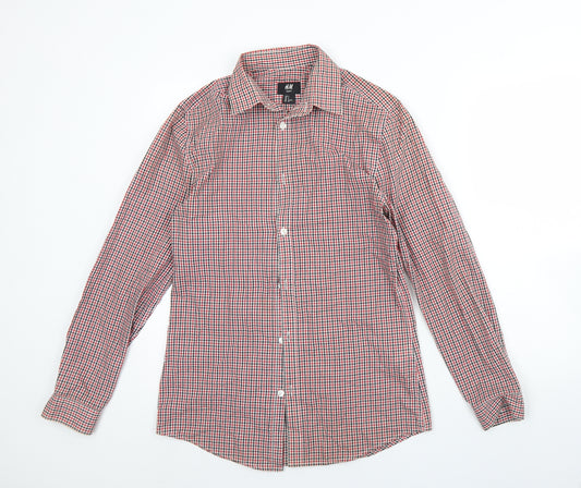 Front view of H&M men’s red plaid cotton dress shirt, size S, collared button