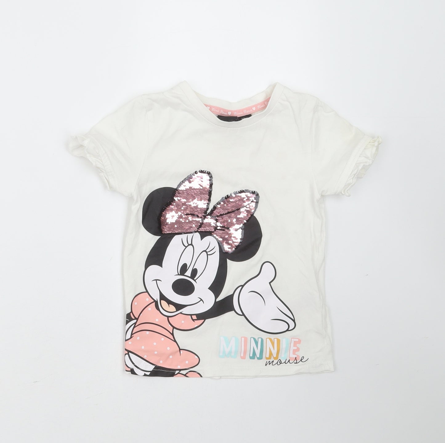 Primark Girls White  Cotton Basic T-Shirt Size 4-5 Years Round Neck  - minnie mouse