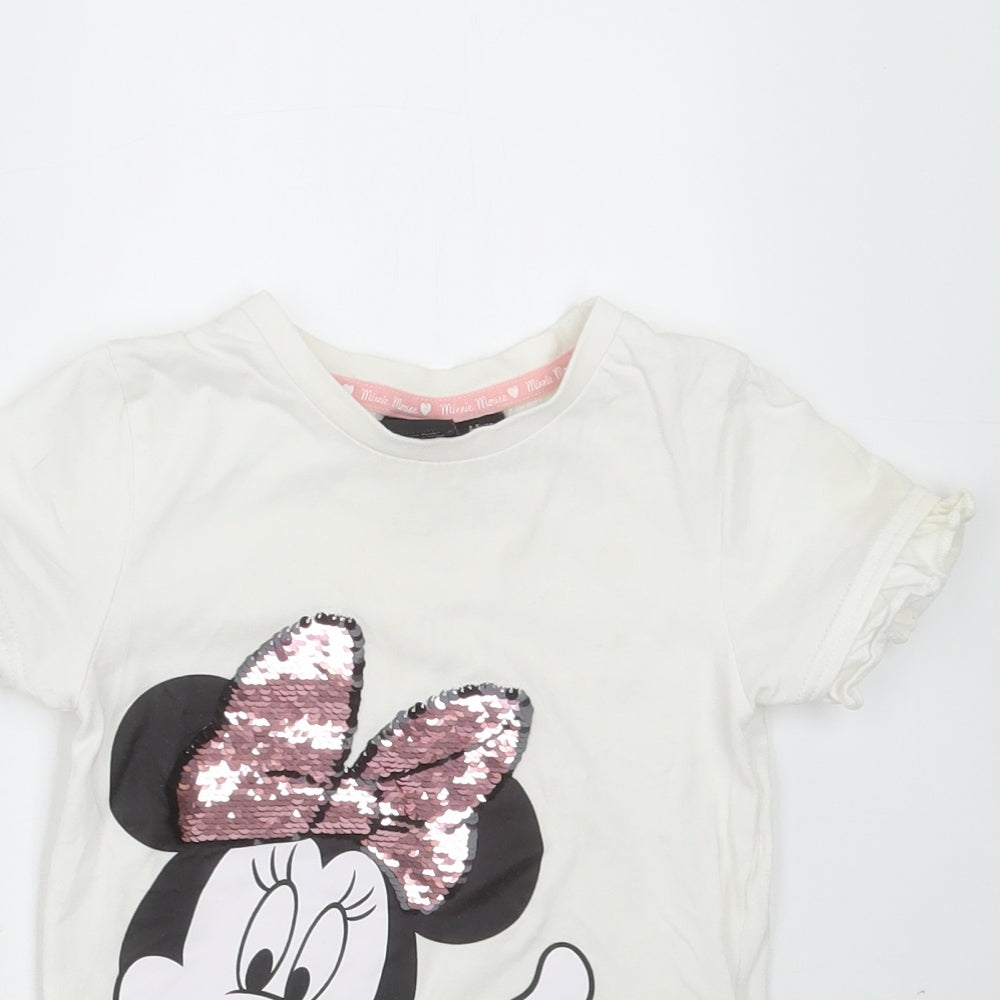 Primark Girls White  Cotton Basic T-Shirt Size 4-5 Years Round Neck  - minnie mouse