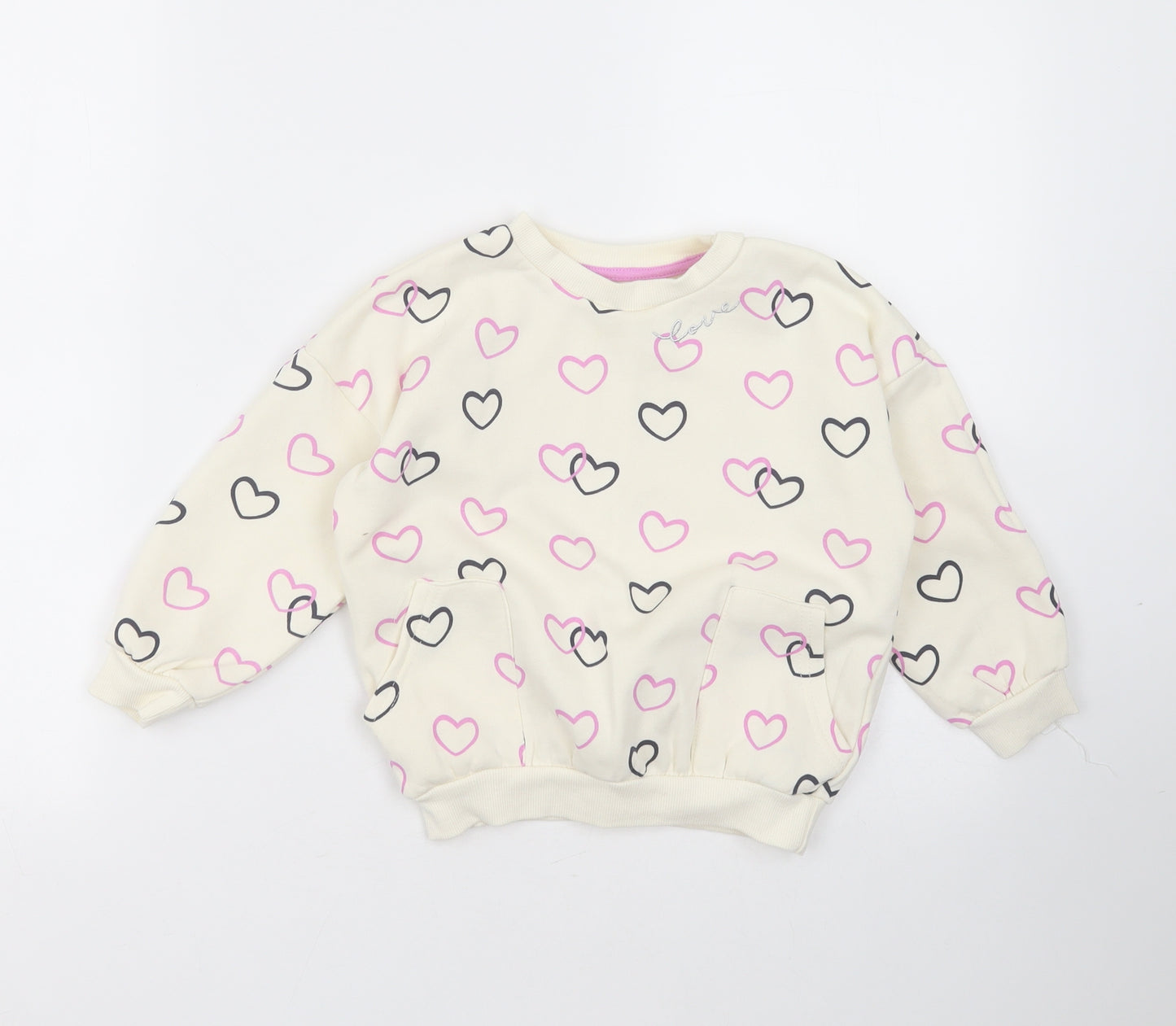 Primark Girls Ivory  Cotton Pullover Sweatshirt Size 4-5 Years   - Heart pattern