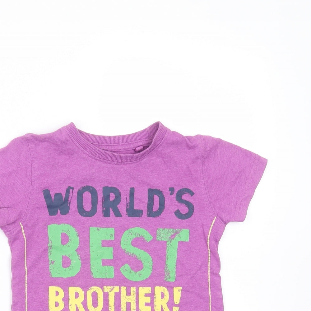 NEXT Boys Purple  Cotton Basic T-Shirt Size 2-3 Years Round Neck  - worlds best brother