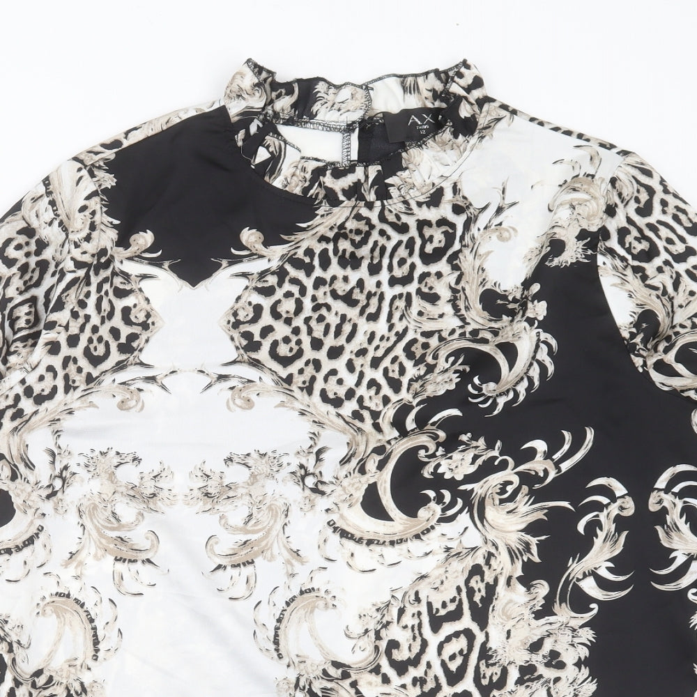 AX Paris Womens Black Animal Print Polyester Basic Blouse Size 12 Round Neck