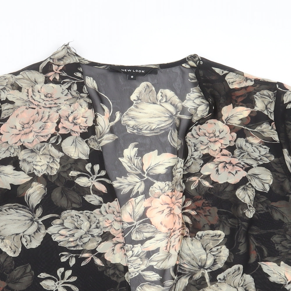 New Look Womens Black Floral Polyester Basic Blouse Size 8 V-Neck - sheer cover up