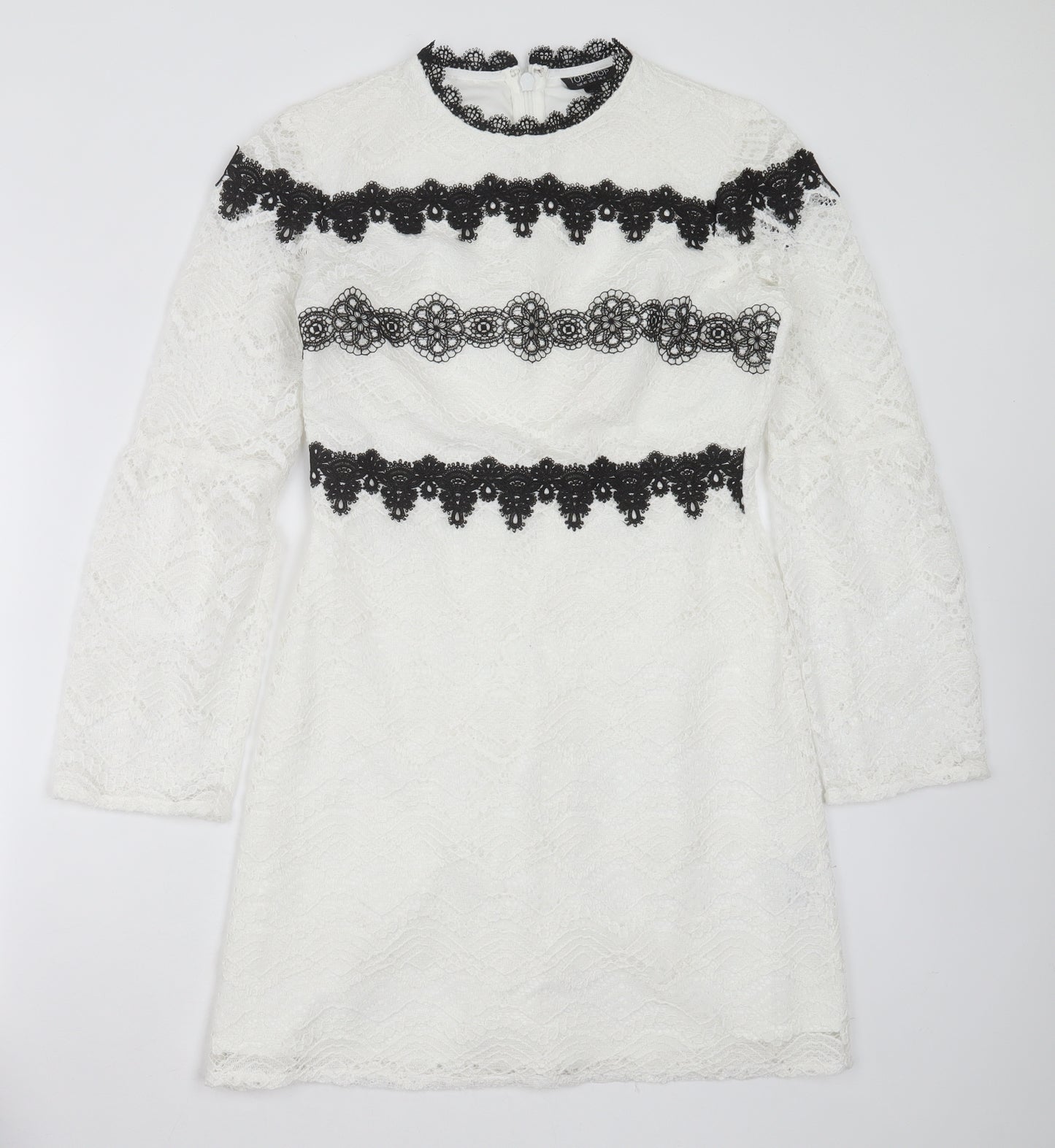 Topshop Womens White Geometric Polyester Shift  Size 12  Round Neck  - lace detail