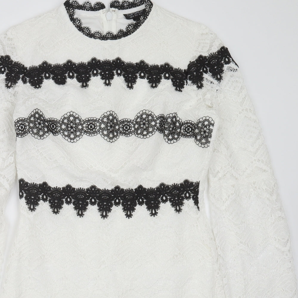 Topshop Womens White Geometric Polyester Shift  Size 12  Round Neck  - lace detail
