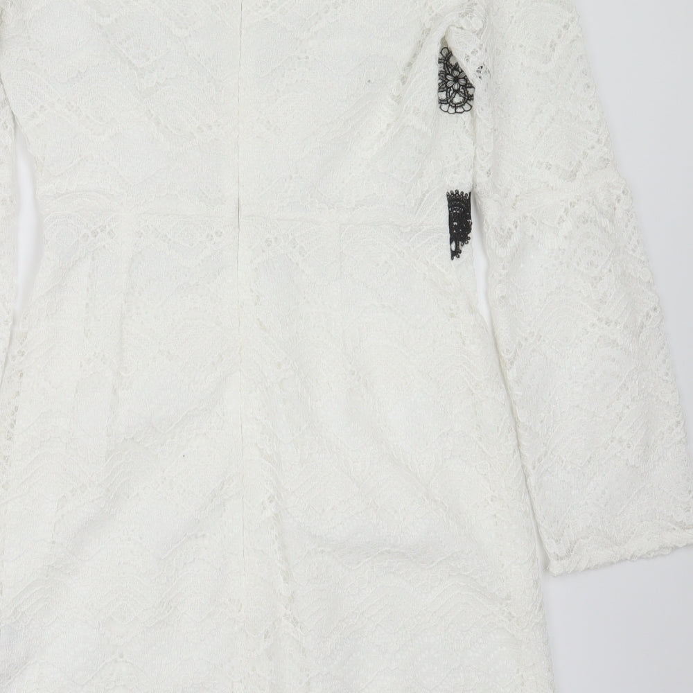 Topshop Womens White Geometric Polyester Shift  Size 12  Round Neck  - lace detail